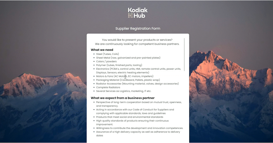 Kodiak Hub supplier self-registration tool